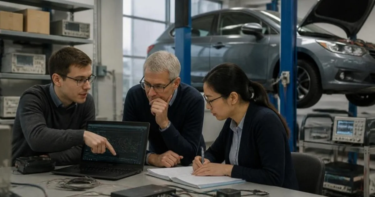 Three engineers at a lab workbench: one points at a measurement plot on a laptop, a senior colleague listens and another takes notes, with a prototype car on a lift and test equipment behind them.