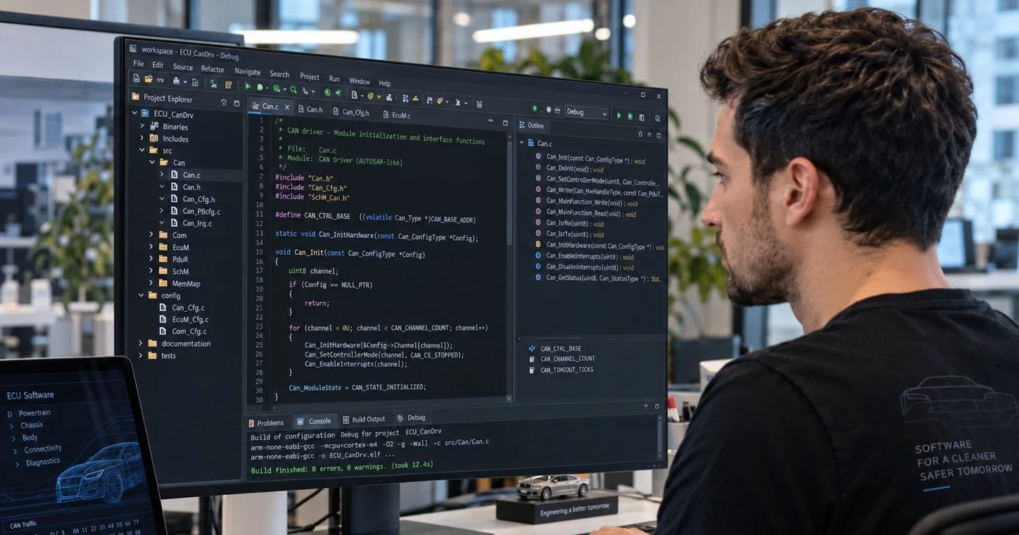 An engineer at a desk writing an AUTOSAR-style CAN driver in C for an ECU, with a cross-compiler build finishing with zero errors and a laptop showing ECU software domains and CAN traffic.